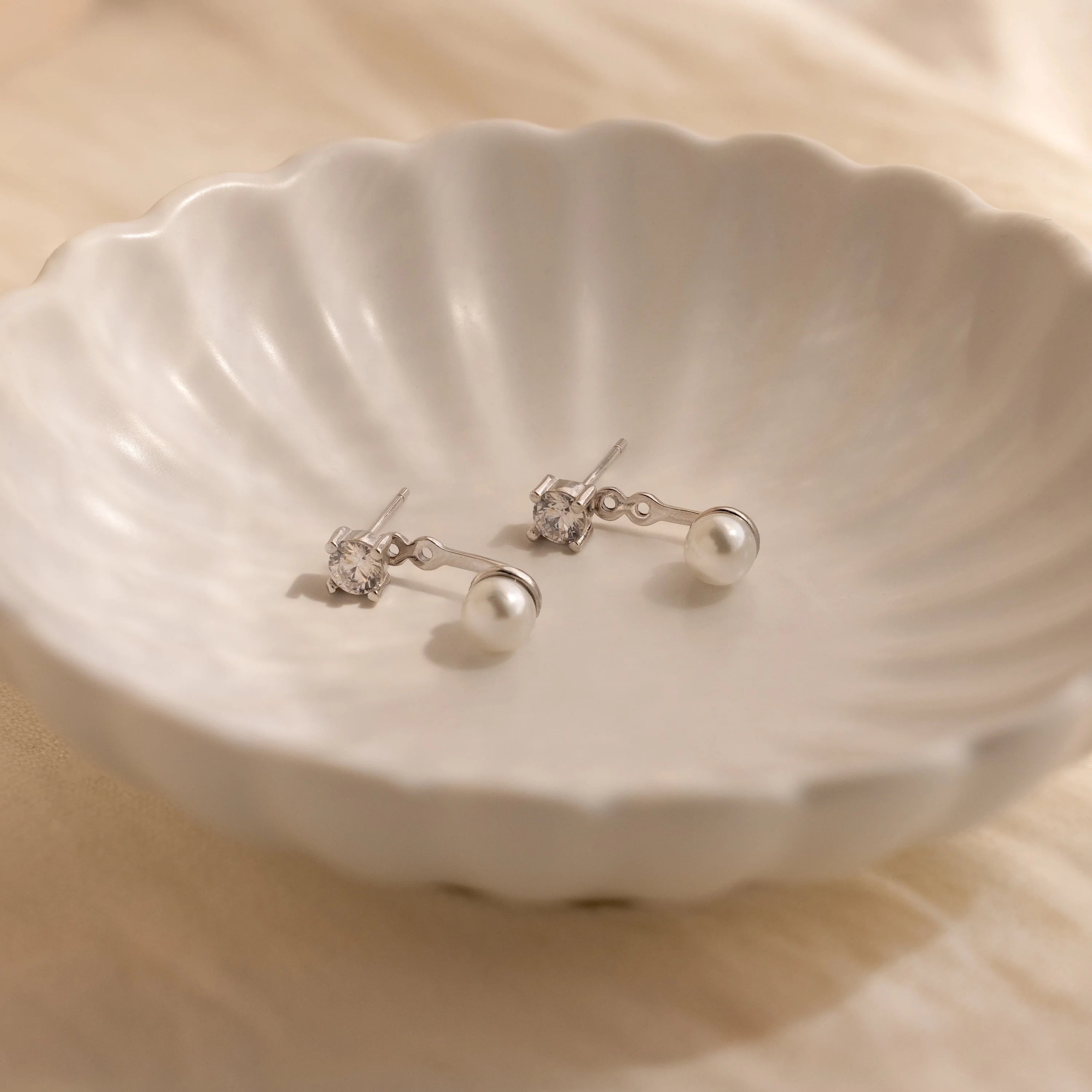 Diamond Pearl Ear Jackets Silver 18K Gold Plated