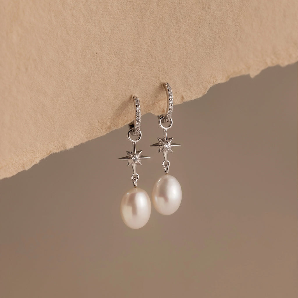 Diamond North Star Pearl Hoops Silver 18K Gold Plated