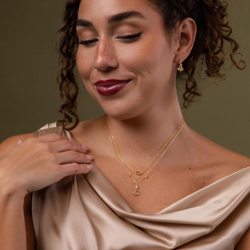 Holiday Diamond Tree Necklace Silver 18K Gold Plated