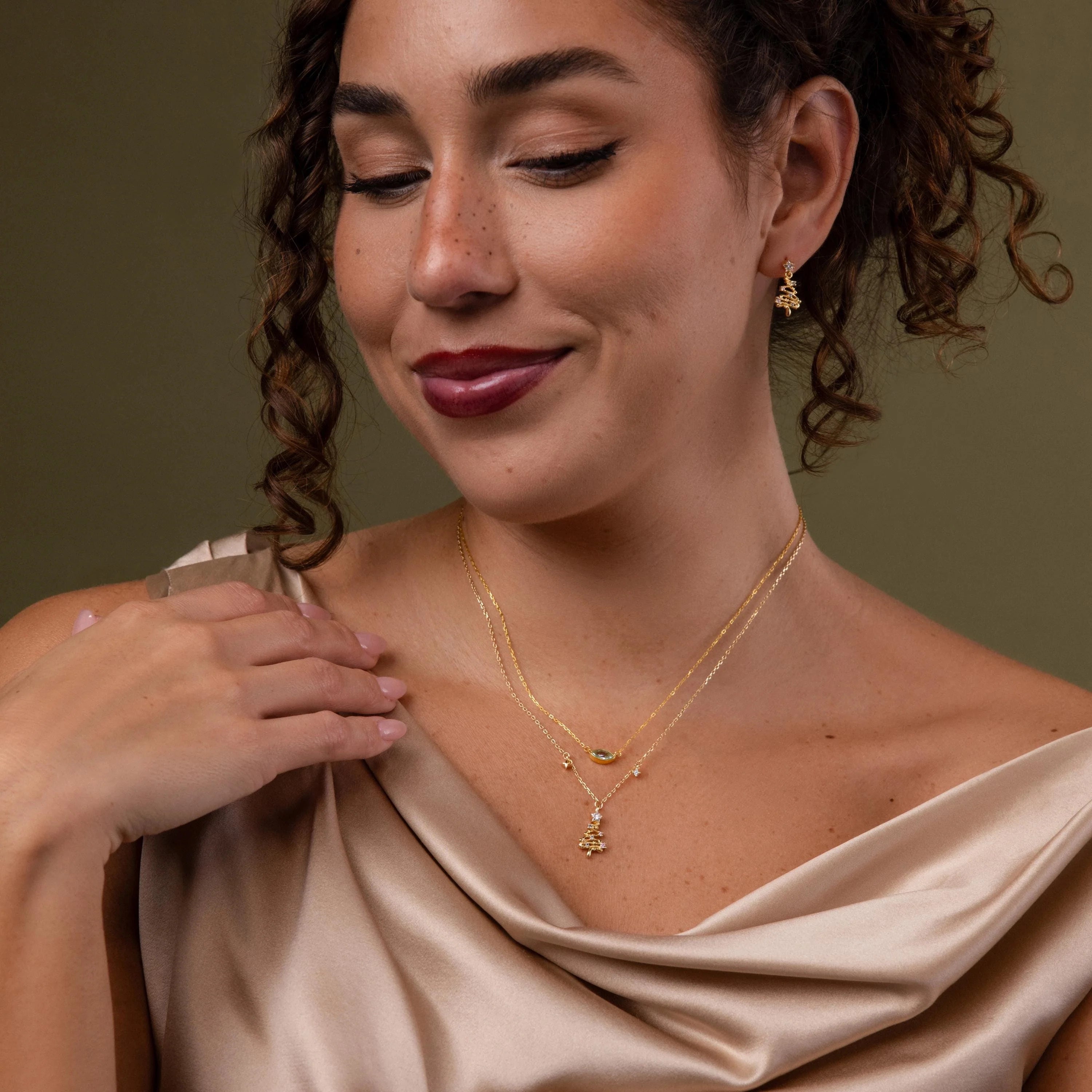 Holiday Diamond Tree Necklace Silver 18K Gold Plated