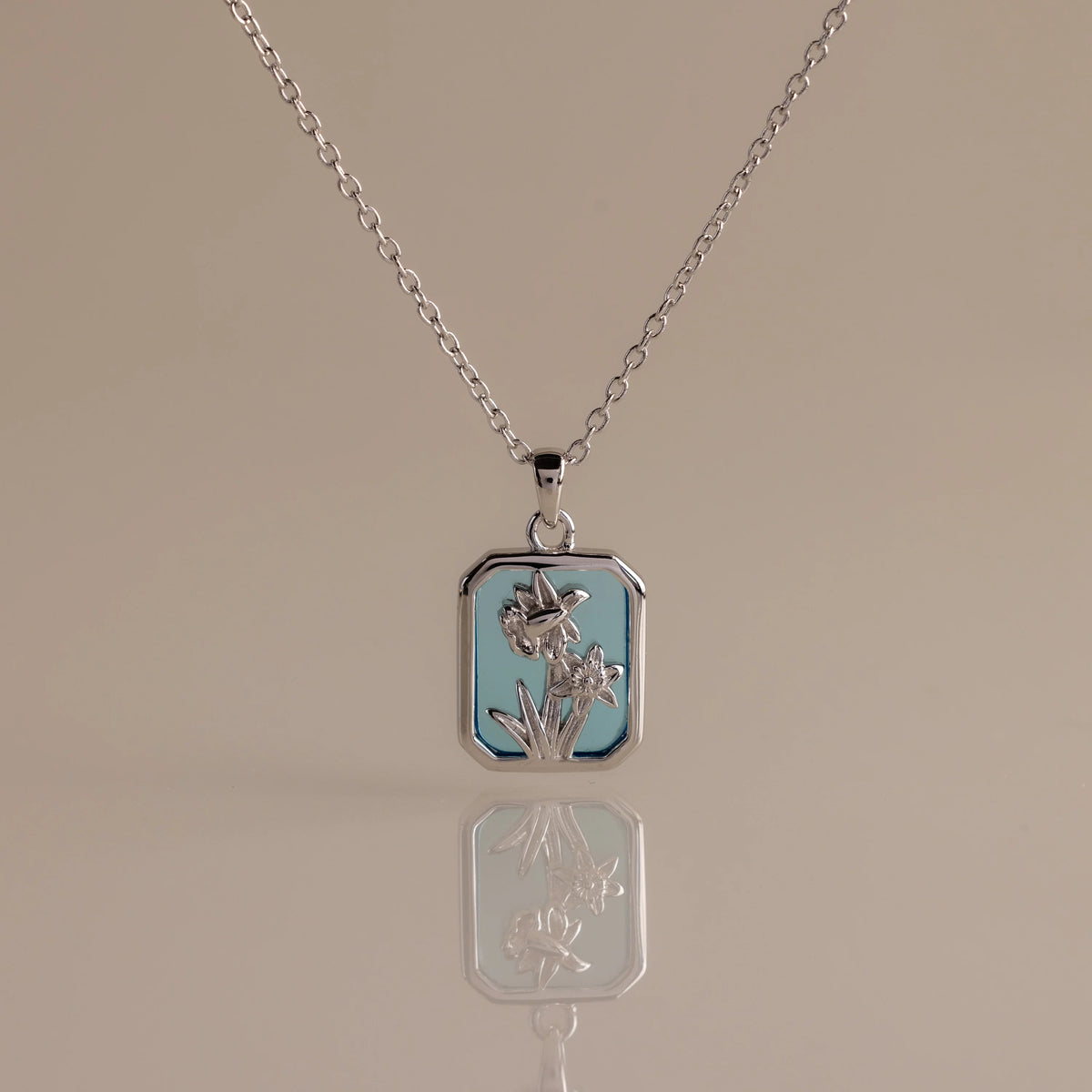 Aquamarine Birth Flower Charm Necklace Silver 18K Gold Plated