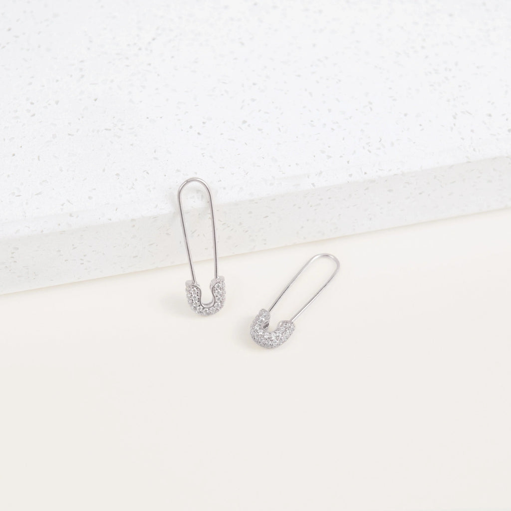 Pave Safety Pin Earrings Silver 18K Gold Plated