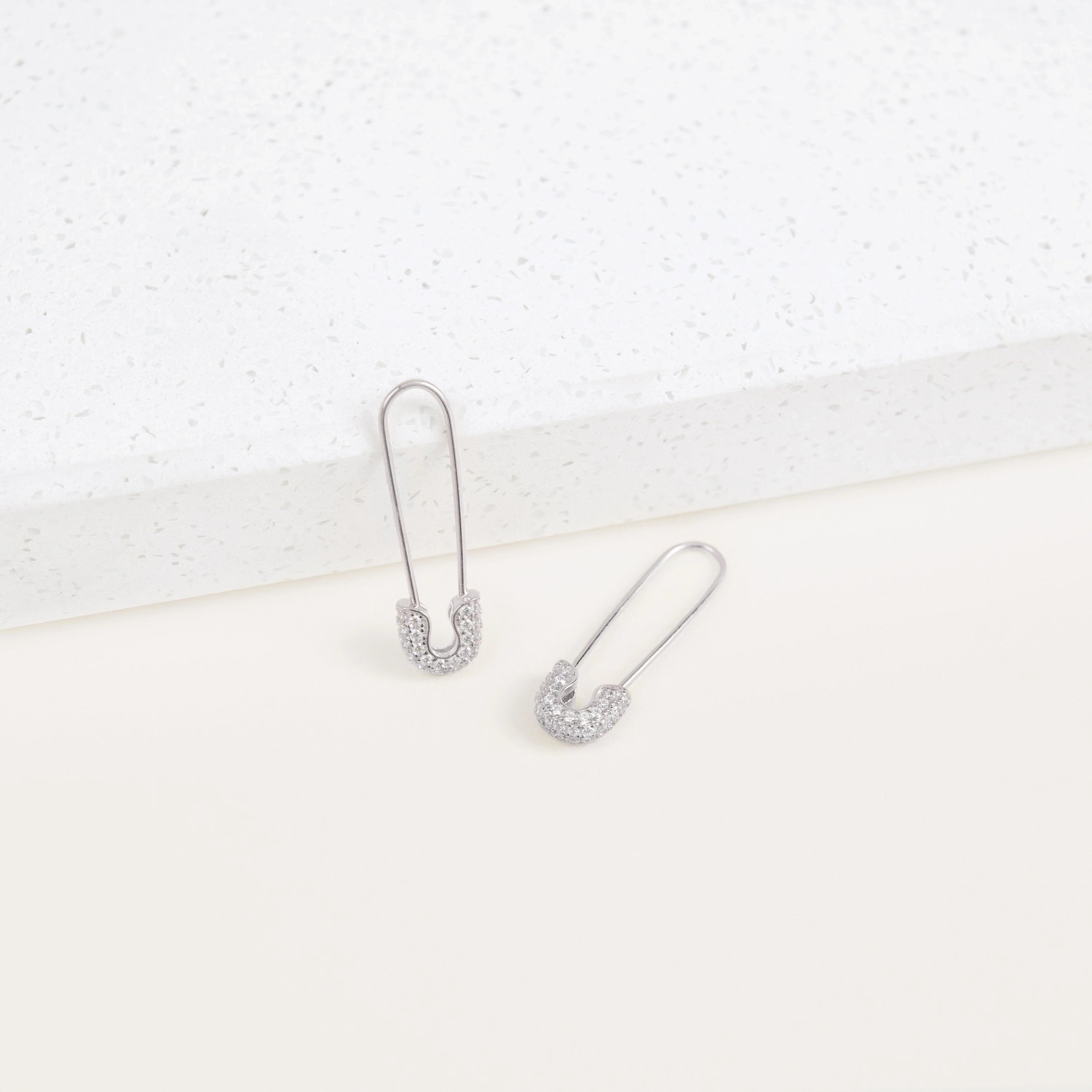 Pave Safety Pin Earrings Silver 18K Gold Plated
