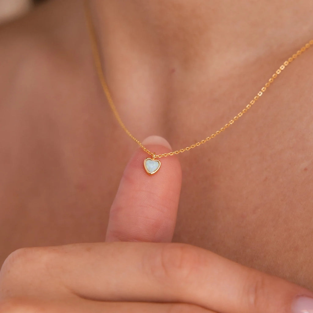 Tiny Opal Heart Necklace  Silver 18K Gold Plated