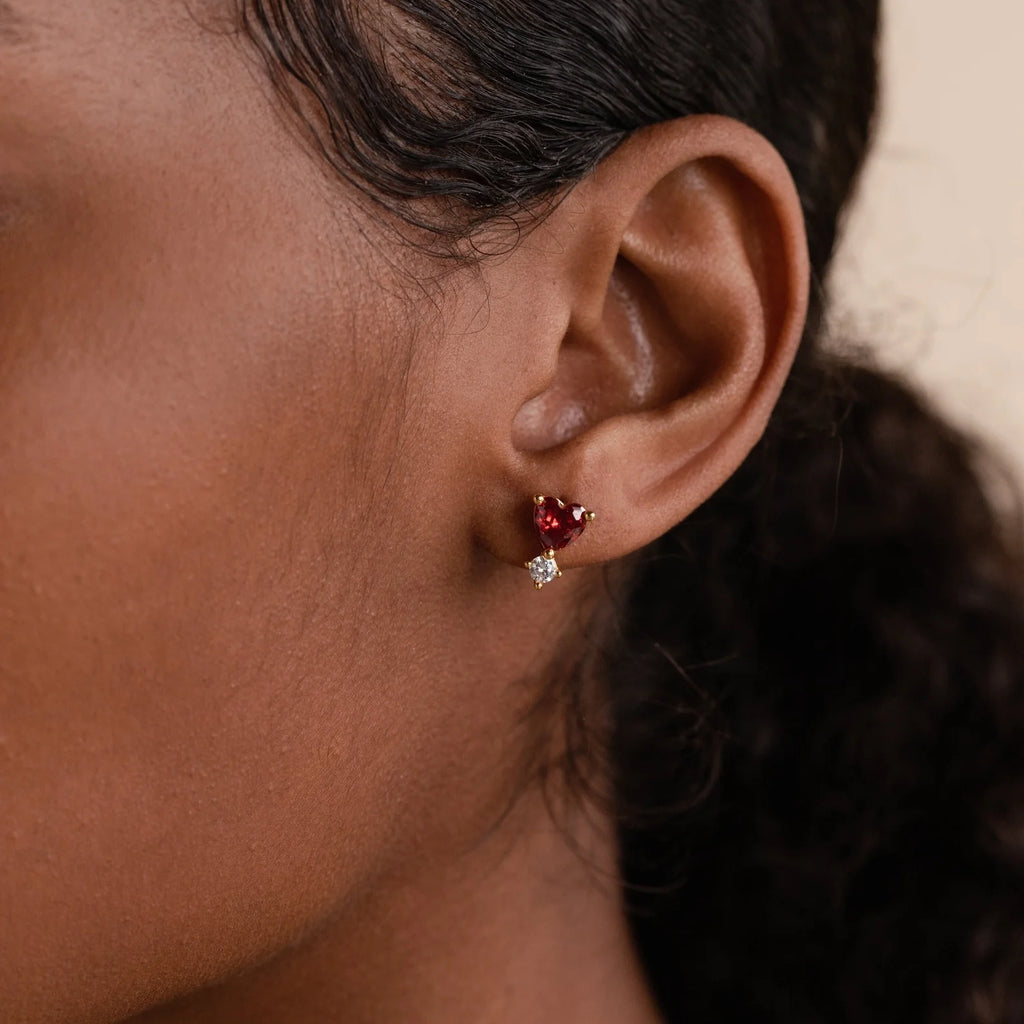 Diamond Garnet Heart Studs Silver 18K Gold Plated