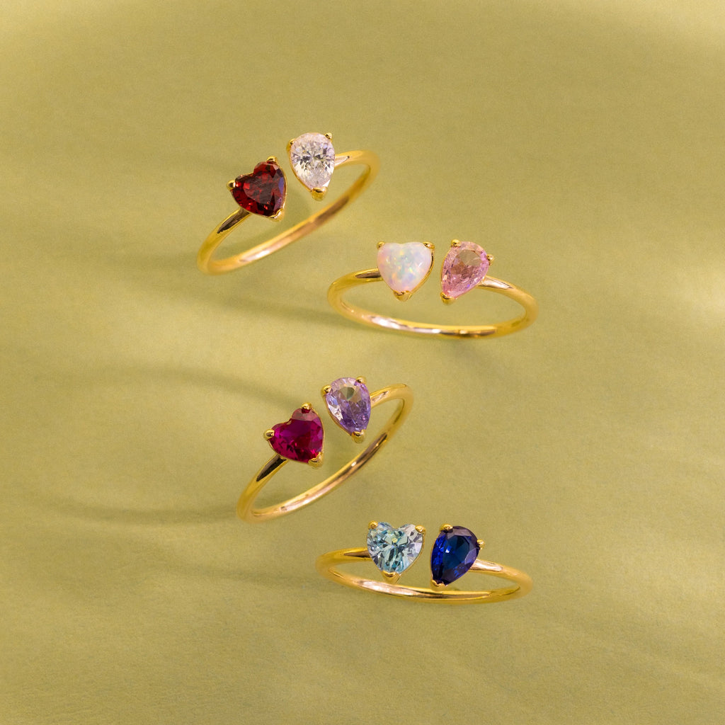 Toi et Moi Heart-Pear Cut Birthstone Ring Silver 18K Gold Plated