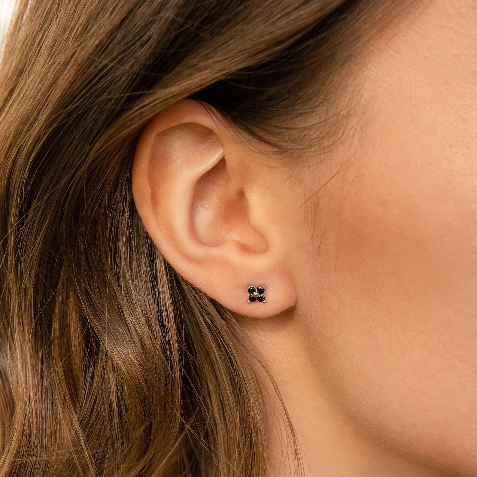 Black Diamond Flower Studs Silver 18K Gold Plated