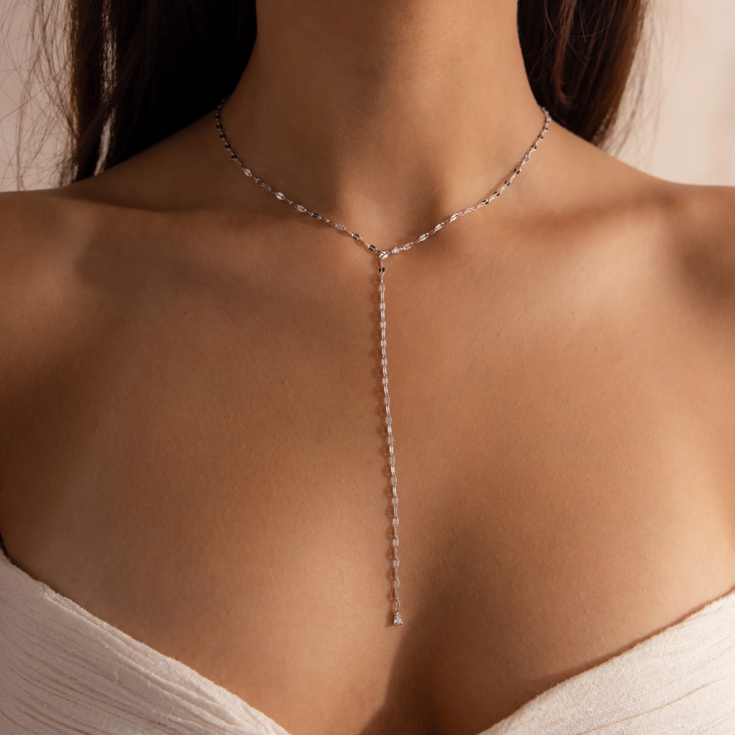 Sparkling Diamond Lariat Necklace Silver 18K Gold Plated