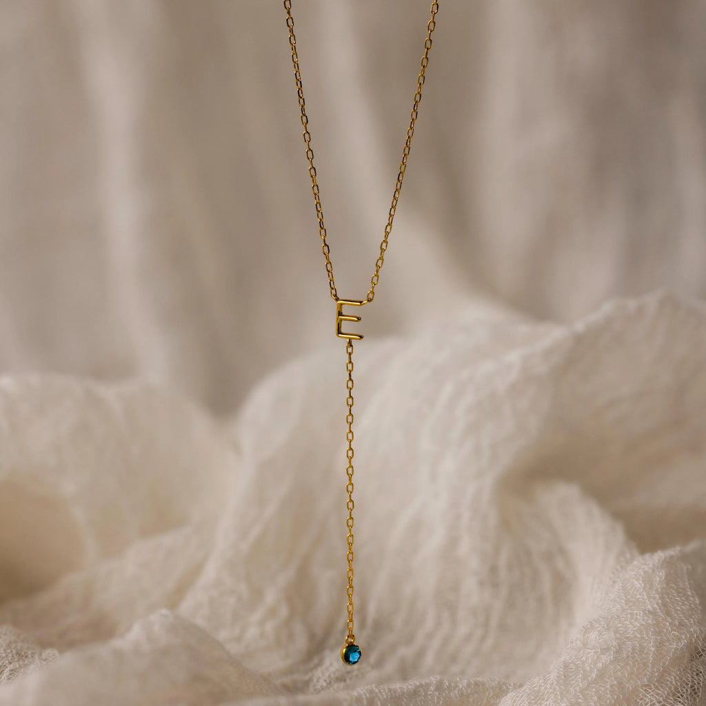 Initial Birthstone Lariat Necklace Silver 18K Gold Plated