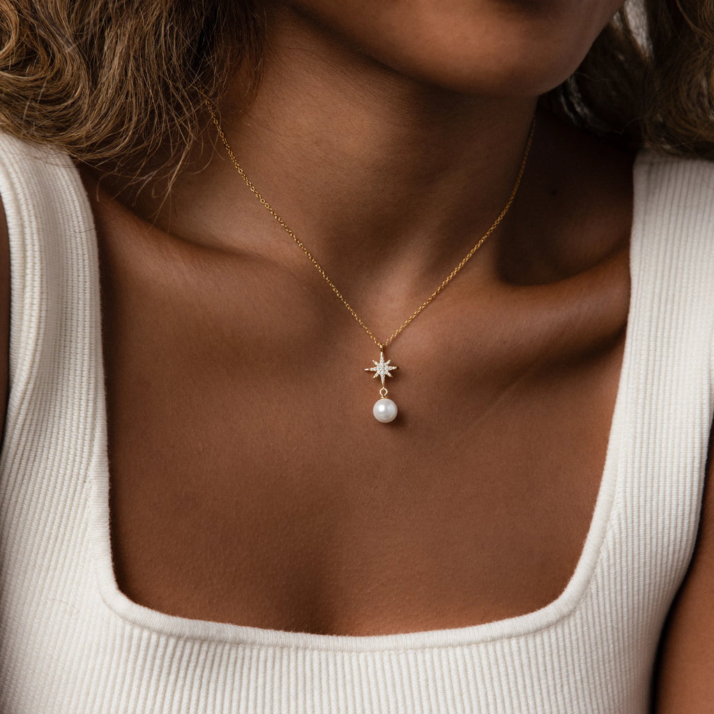 Pavé North Star Pearl Necklace Silver 18K Gold Plated