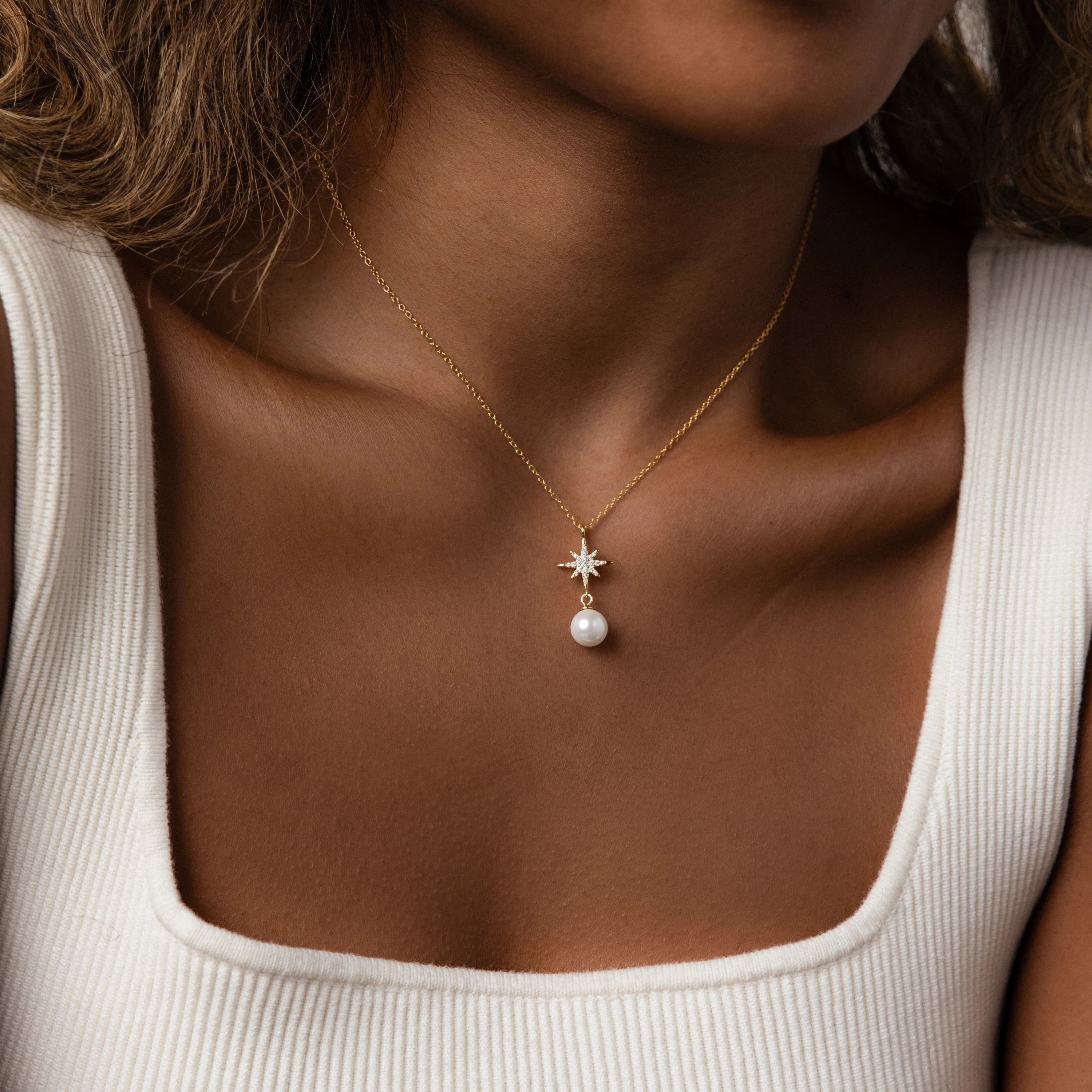 Pavé North Star Pearl Necklace Silver 18K Gold Plated