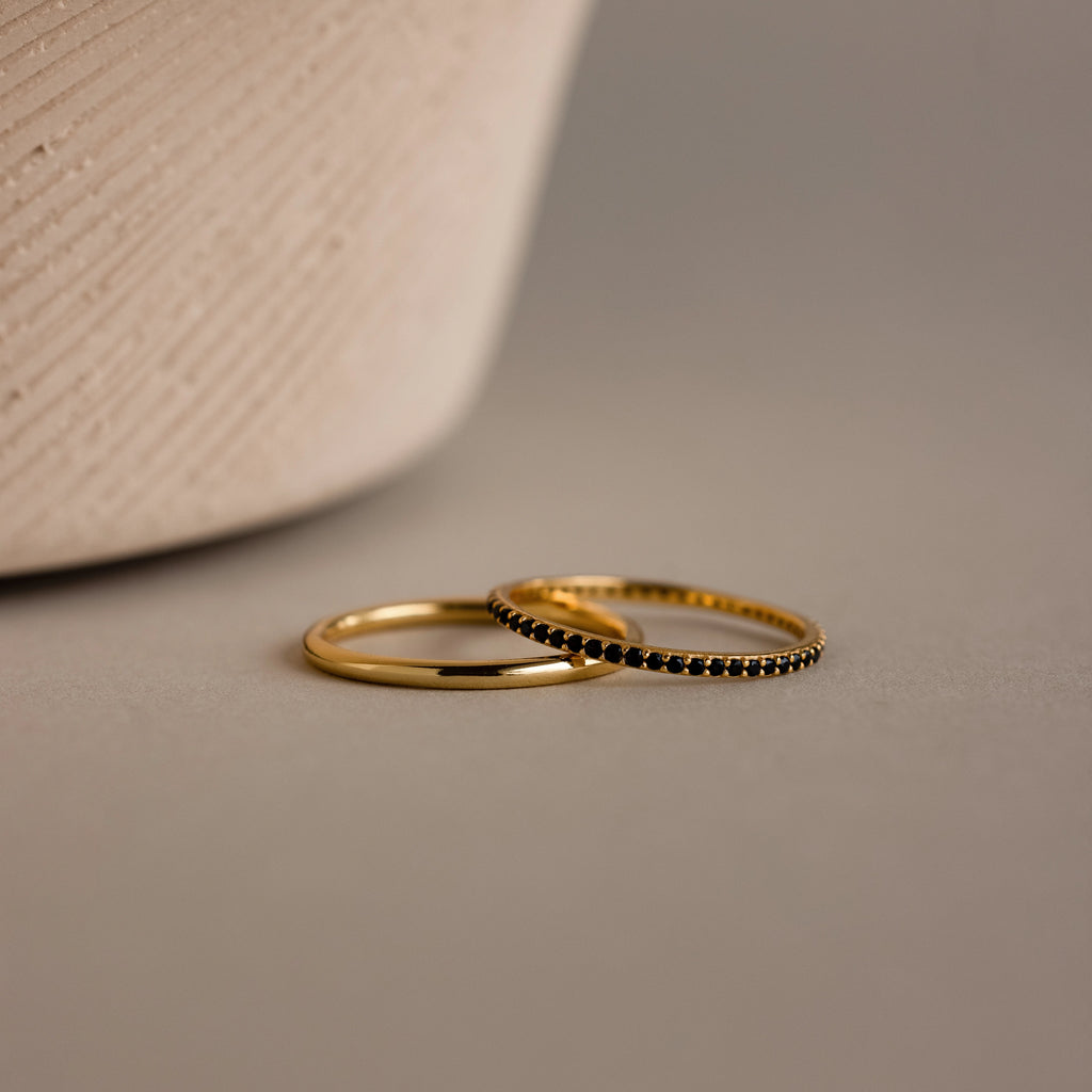 Onyx Tennis Ring Set Silver 18K Gold Plated
