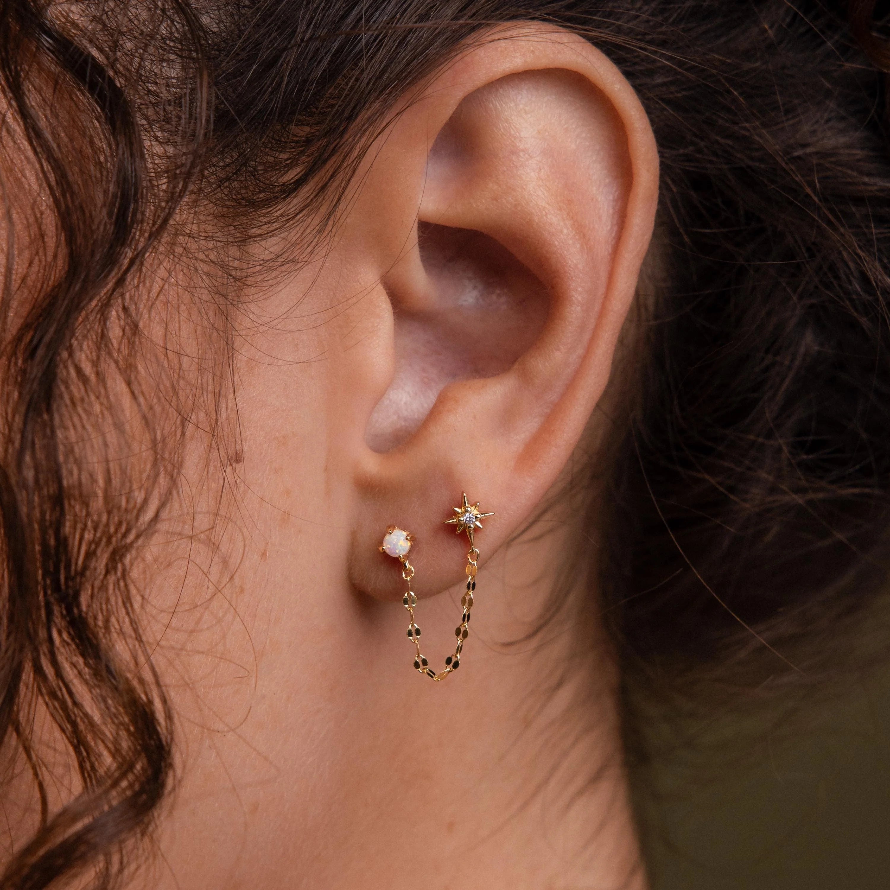 Opal & Star Duo Chain Studs  Silver 18K Gold Plated
