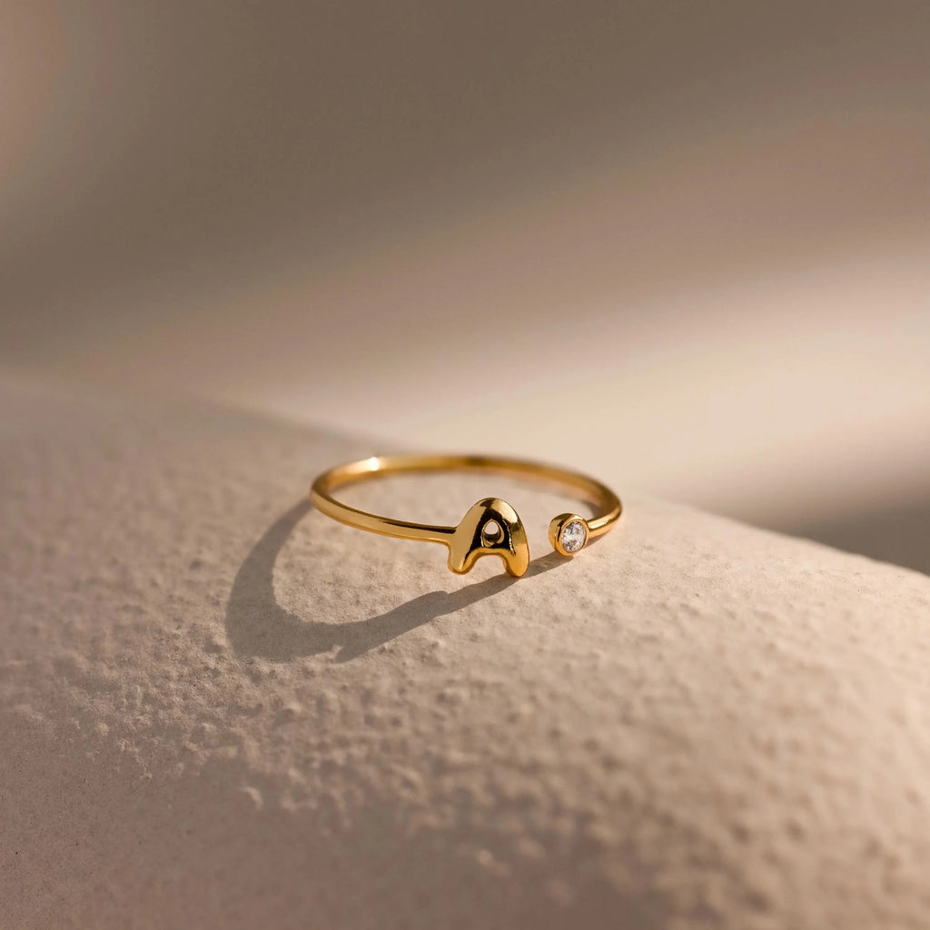 Bubble Initial Birthstone Ring Silver 18K Gold Plated