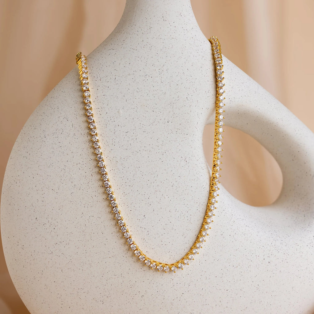 Diamonds 3 Prong Tennis Necklace Silver 18K Gold Plated