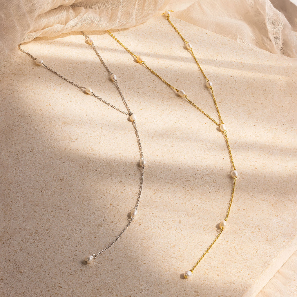 Pearl Station Lariat Necklace Silver 18K Gold Plated