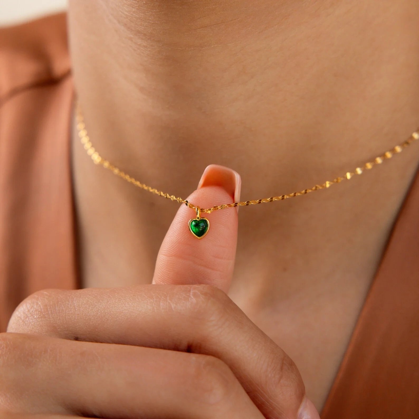 Tiny Jade Heart Necklace Silver 18K Gold Plated