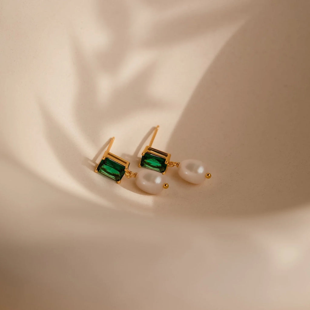 Emerald Pearl Drop Earrings Silver 18K Gold Plated