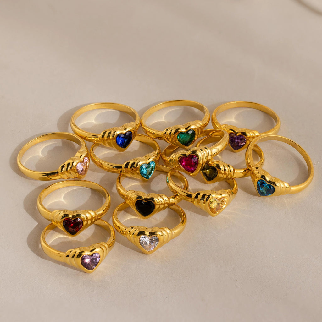 Birthstone Heart Signet Ring Silver 18K Gold Plated