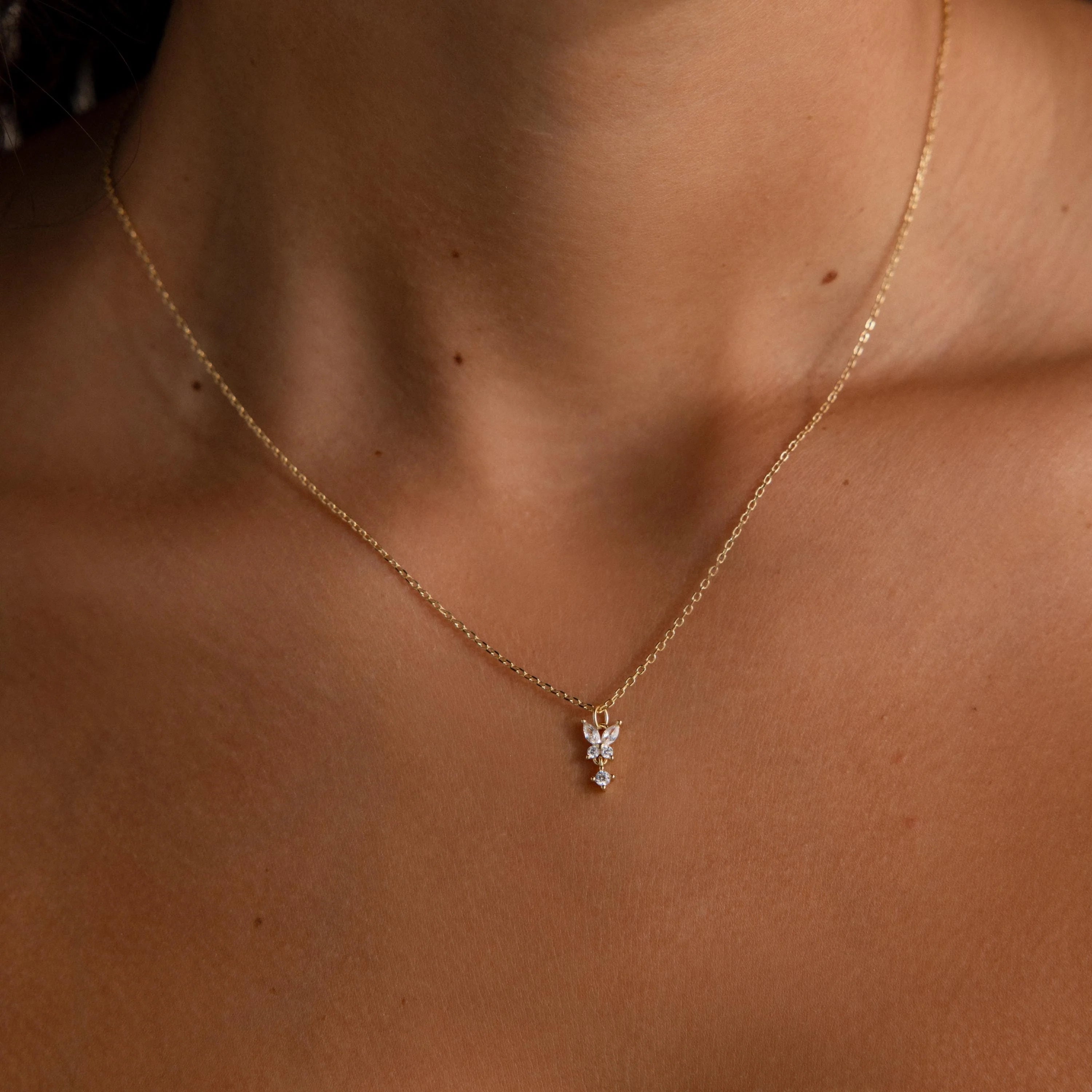 Diamond Butterfly Drop Necklace Silver 18K Gold Plated
