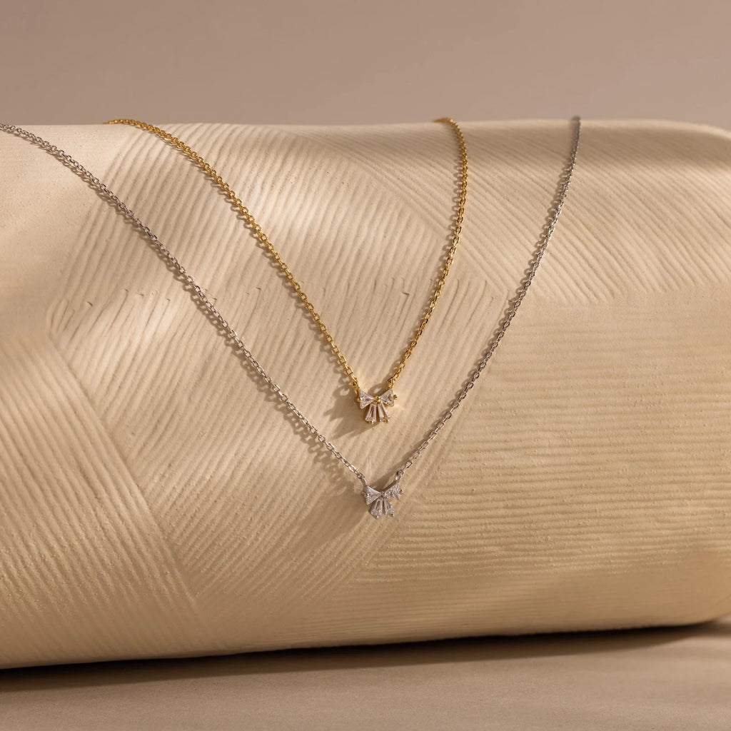 Diamond Bow Necklace & Earrings Set Silver 18K Gold Plated