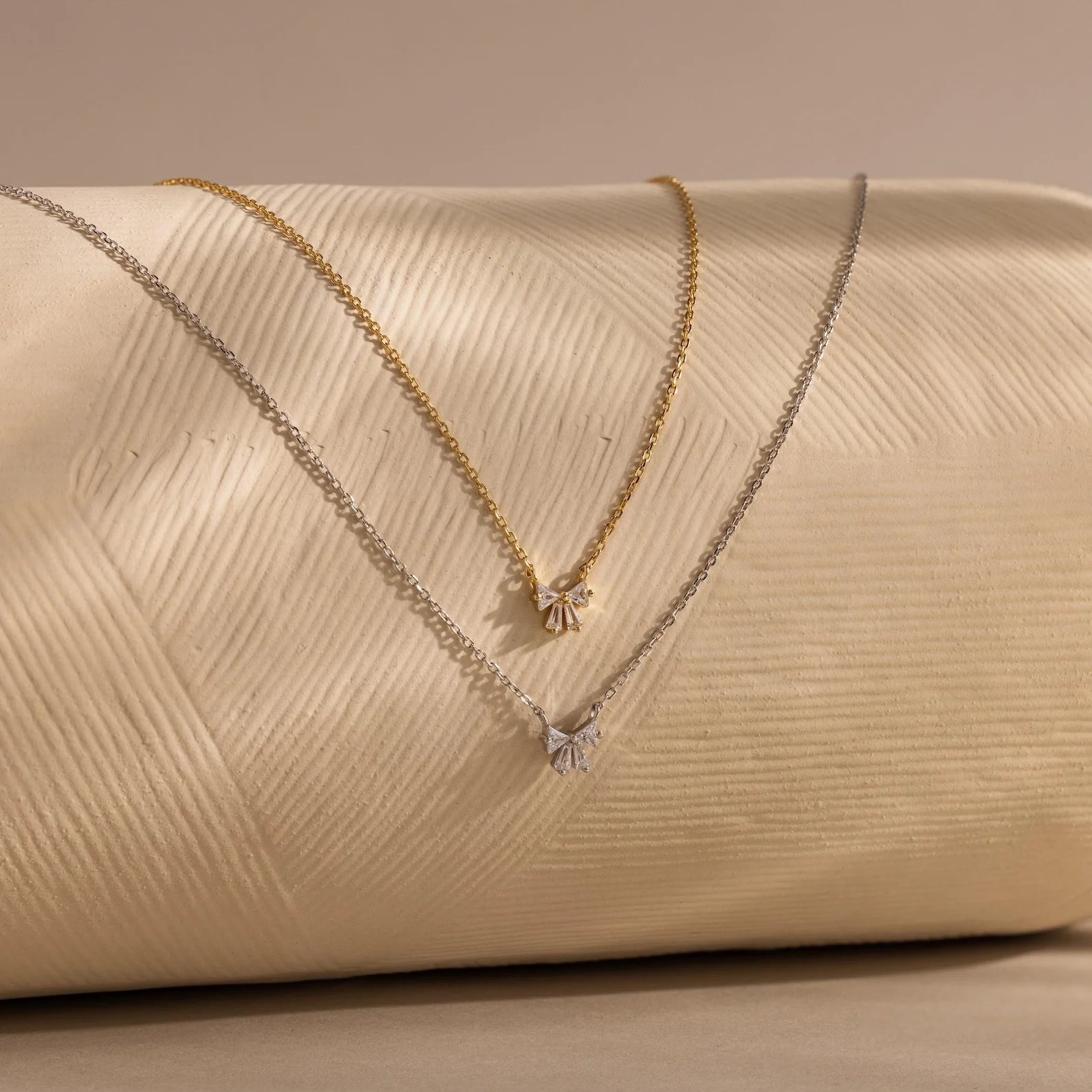 Diamond Bow Necklace & Earrings Set Silver 18K Gold Plated