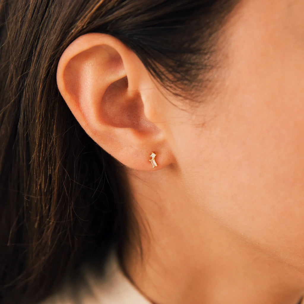 Round & Baguette Diamond Drop Studs Silver 18K Gold Plated
