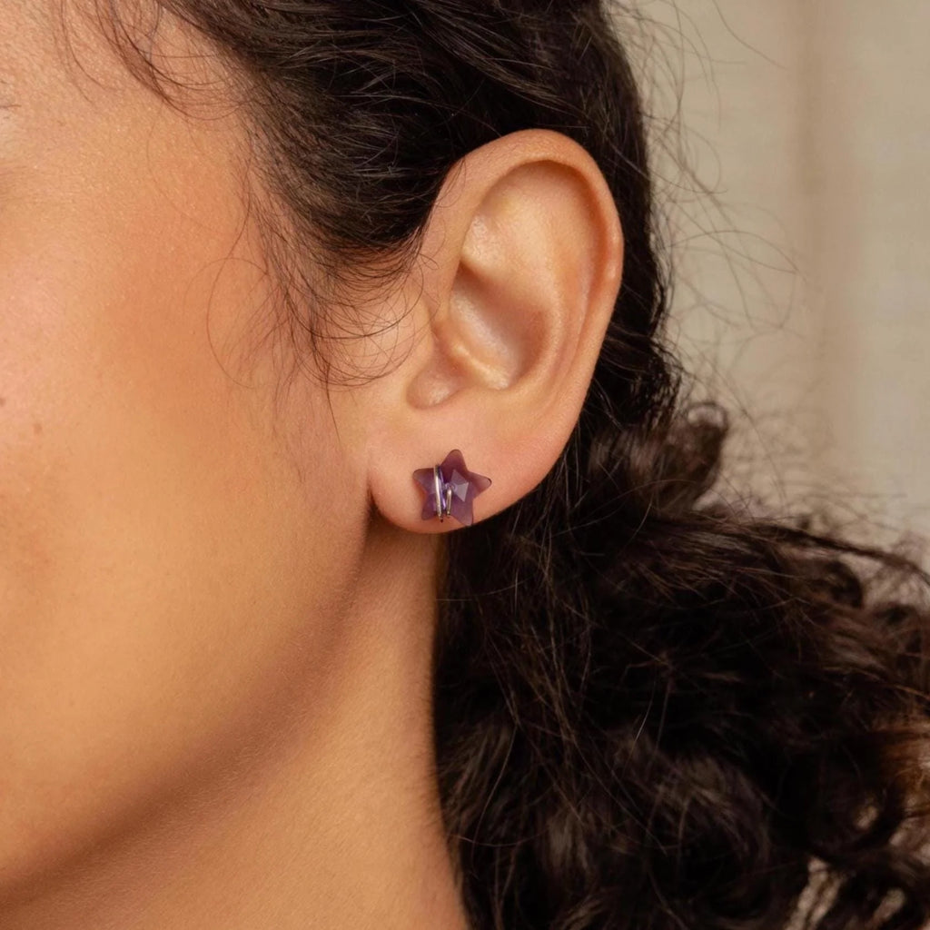 Amethyst Moon & Star Studs Silver 18K Gold Plated