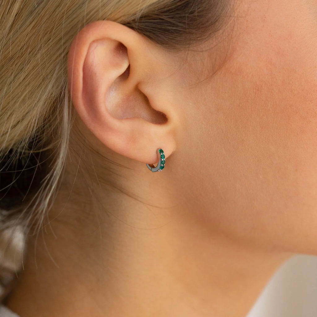 Pave Emerald Huggies Silver 18K Gold Plated