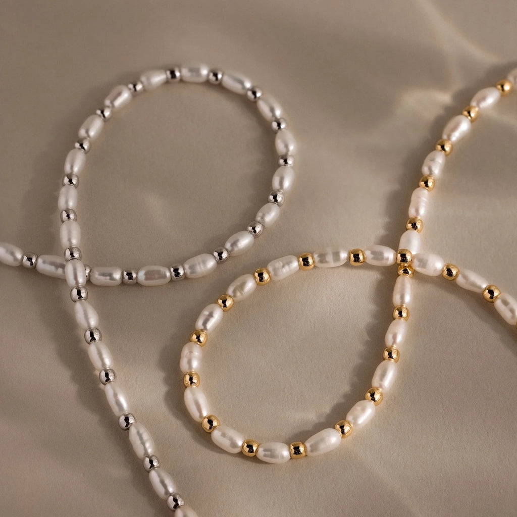 Beaded Pearl Necklace Silver 18K Gold Plated