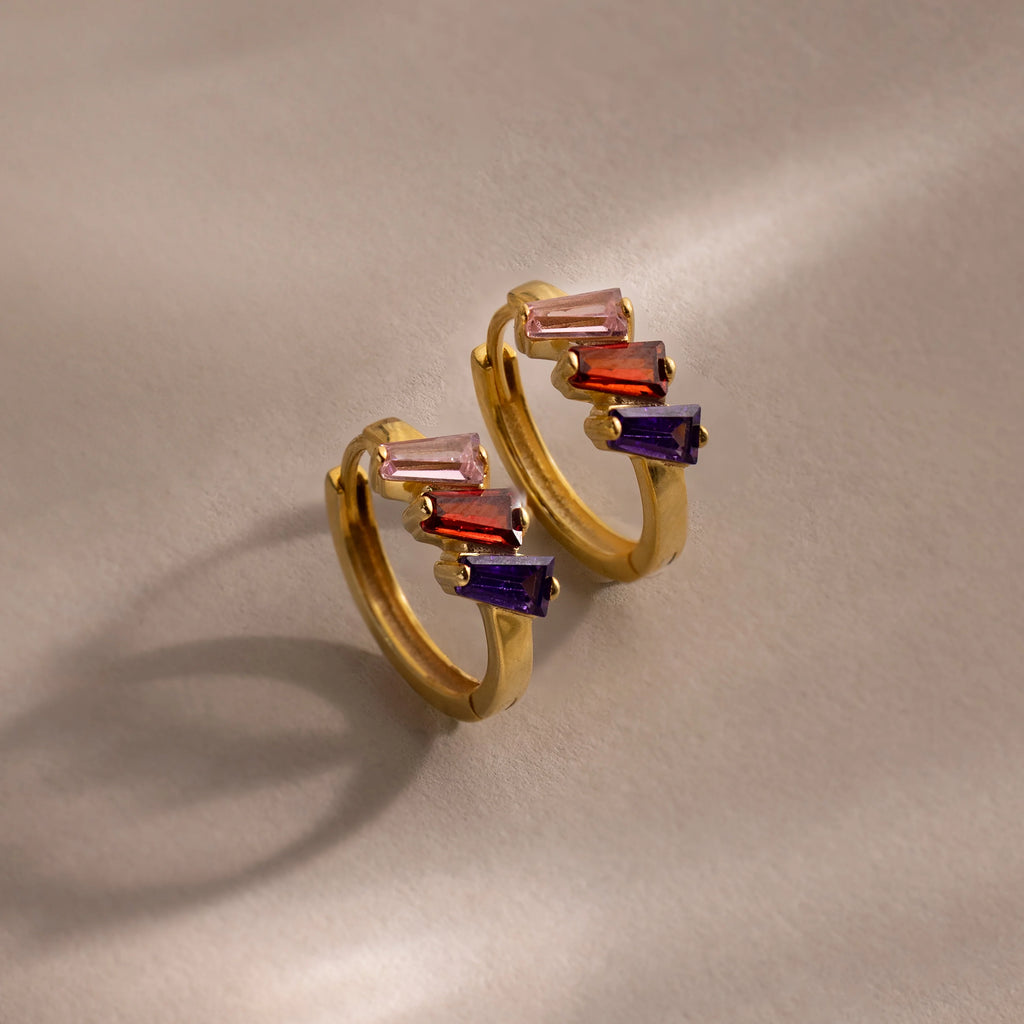 Multiple Tapered Birthstone Huggies Silver 18K Gold Plated