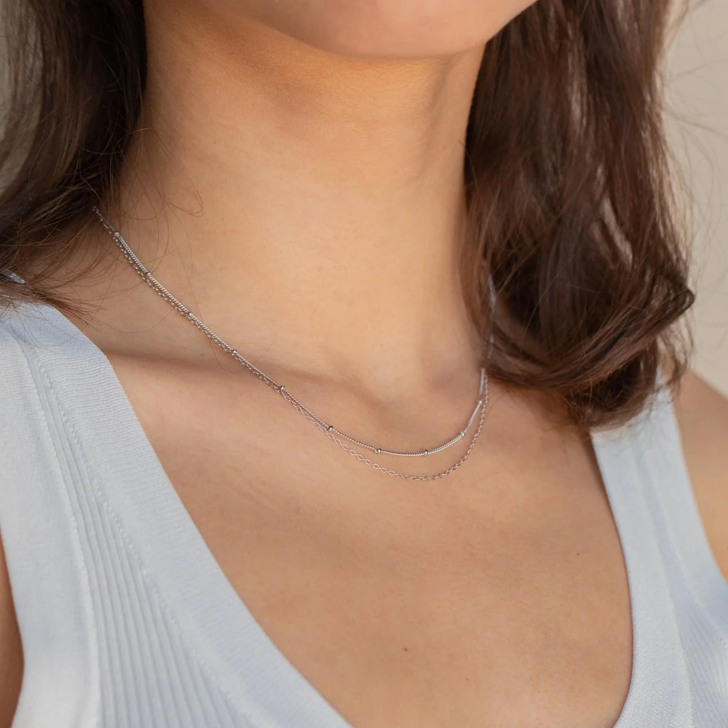 Beaded Duo Chain Necklace Silver 18K Gold Plated