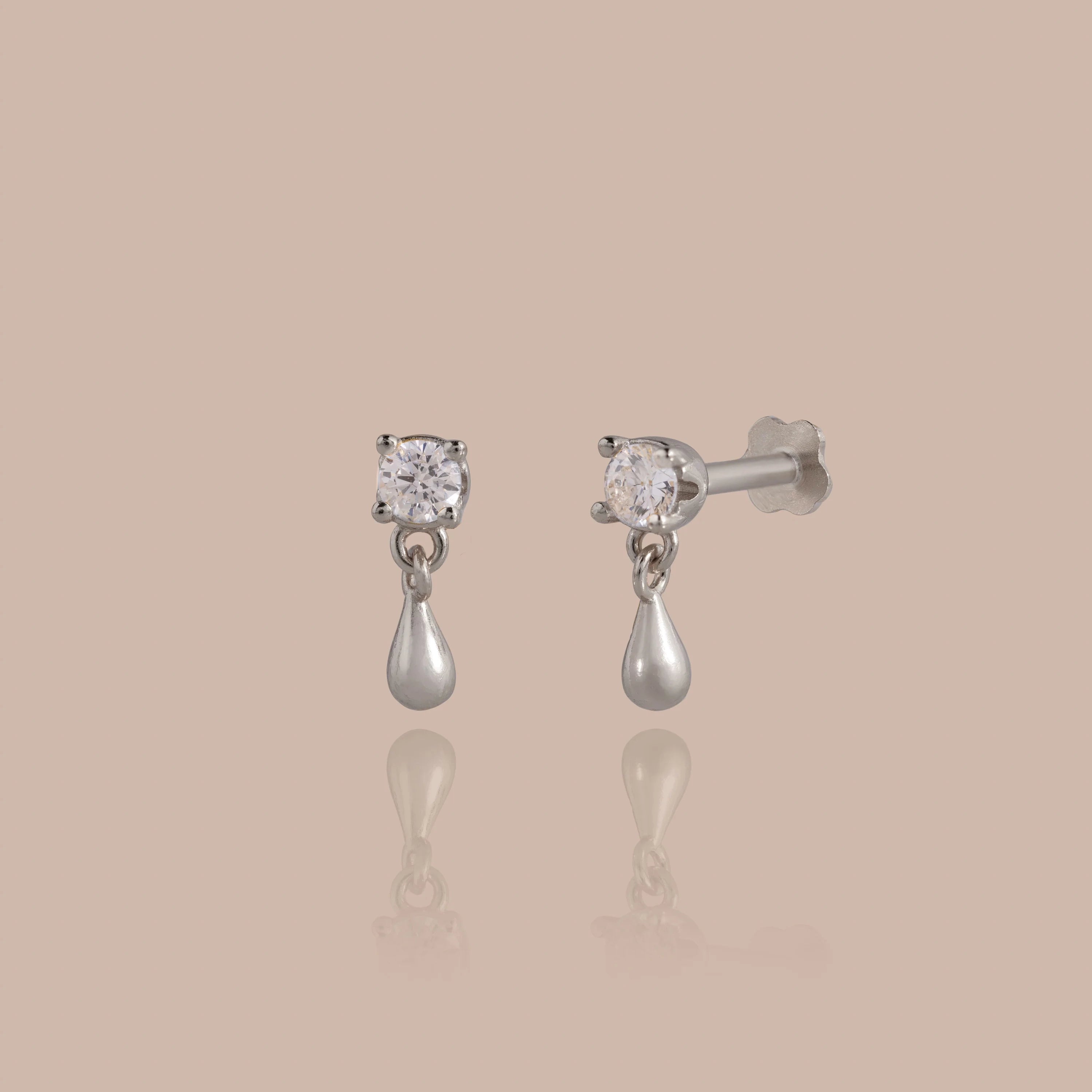 Diamond Droplet Studs Silver 18K Gold Plated