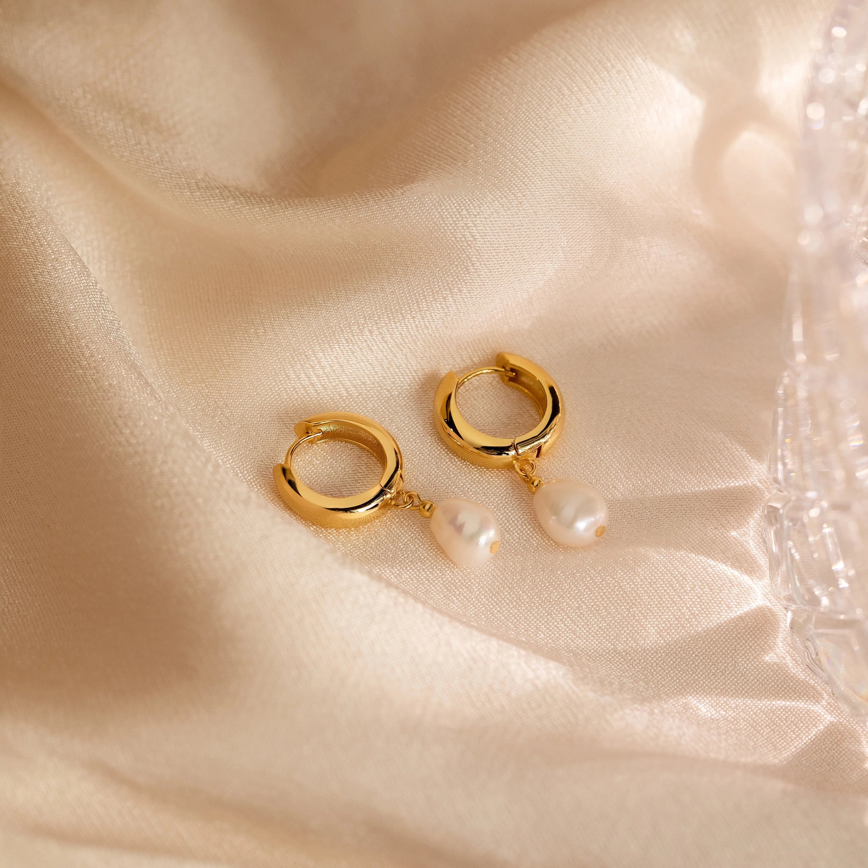 Pearl Drop Hoops Silver 18K Gold Plated