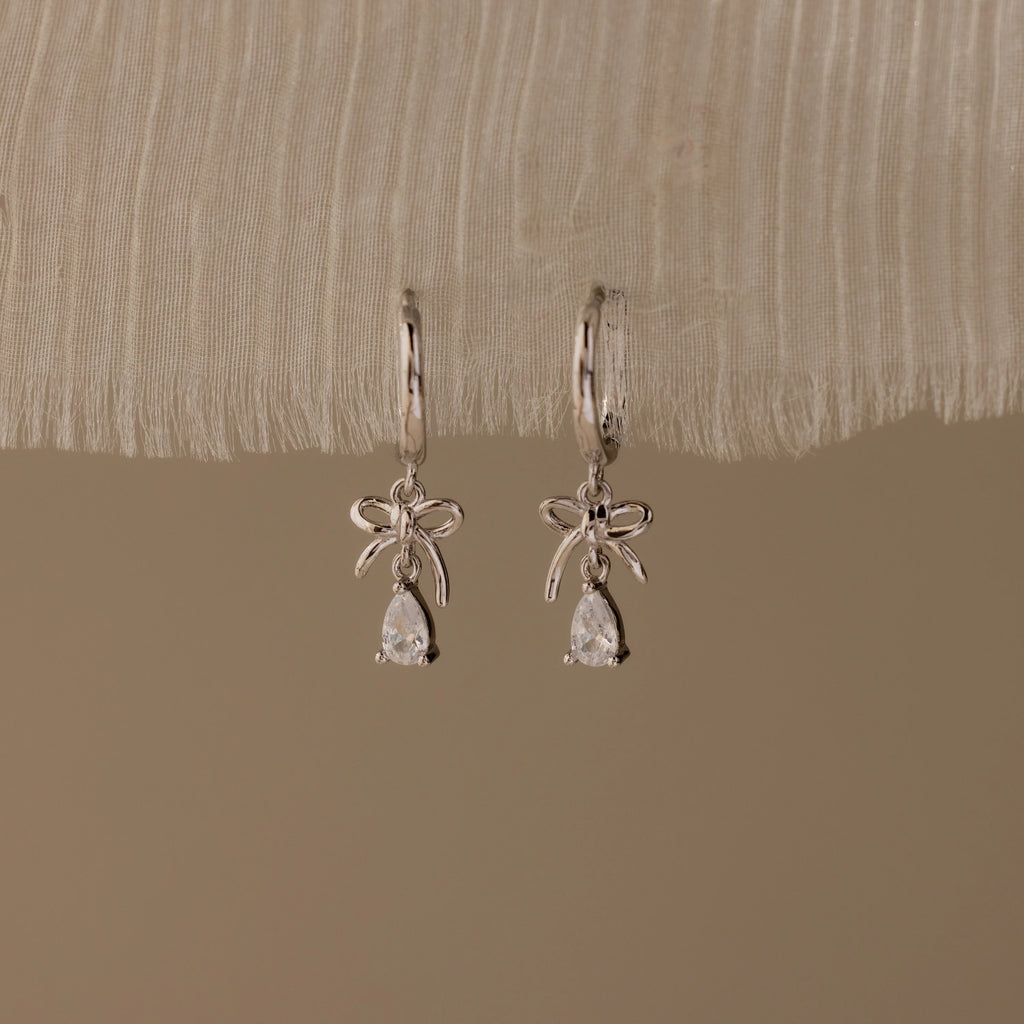 Diamond Teardrop Ribbon Charm Hoops Silver 18K Gold Plated