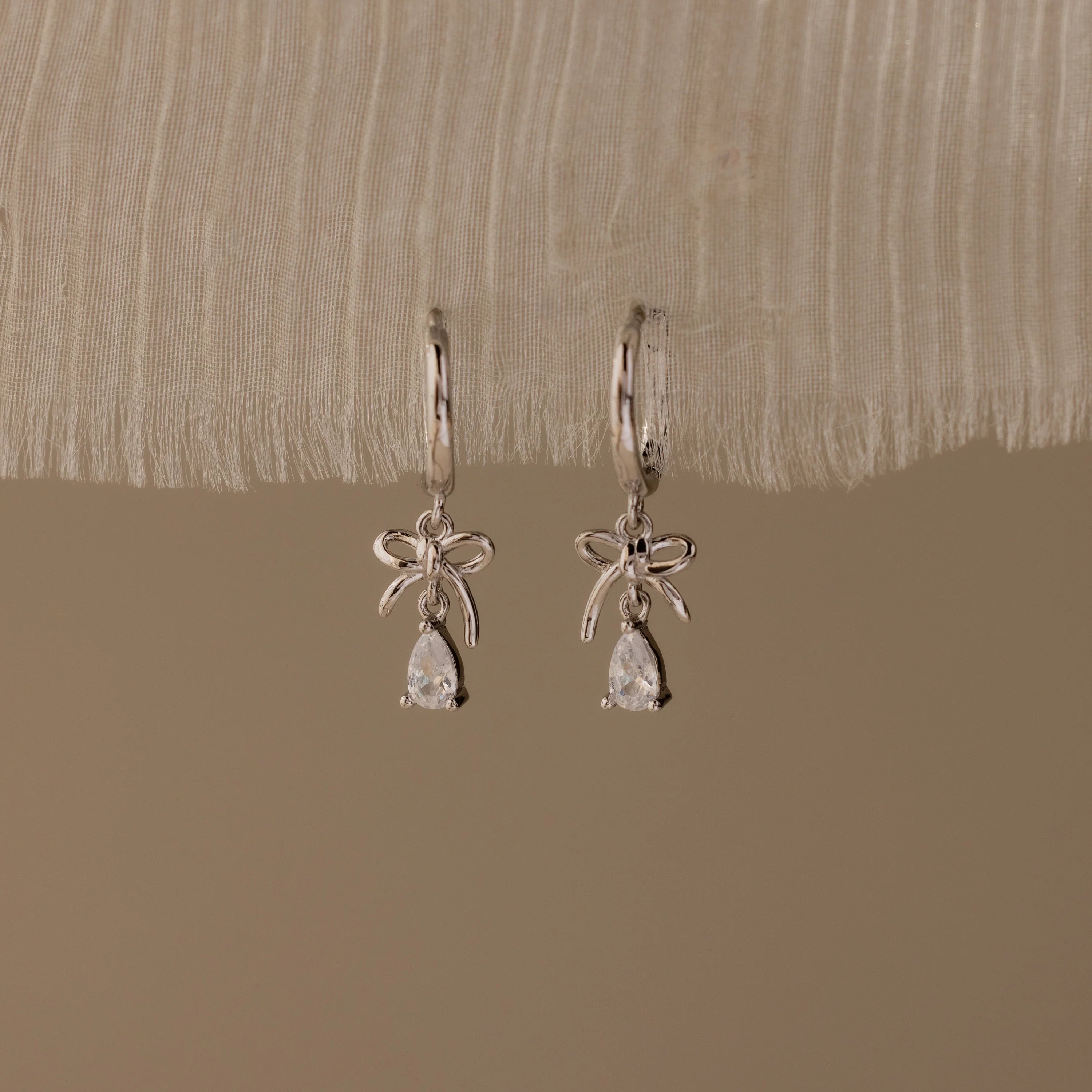 Diamond Teardrop Ribbon Charm Hoops Silver 18K Gold Plated