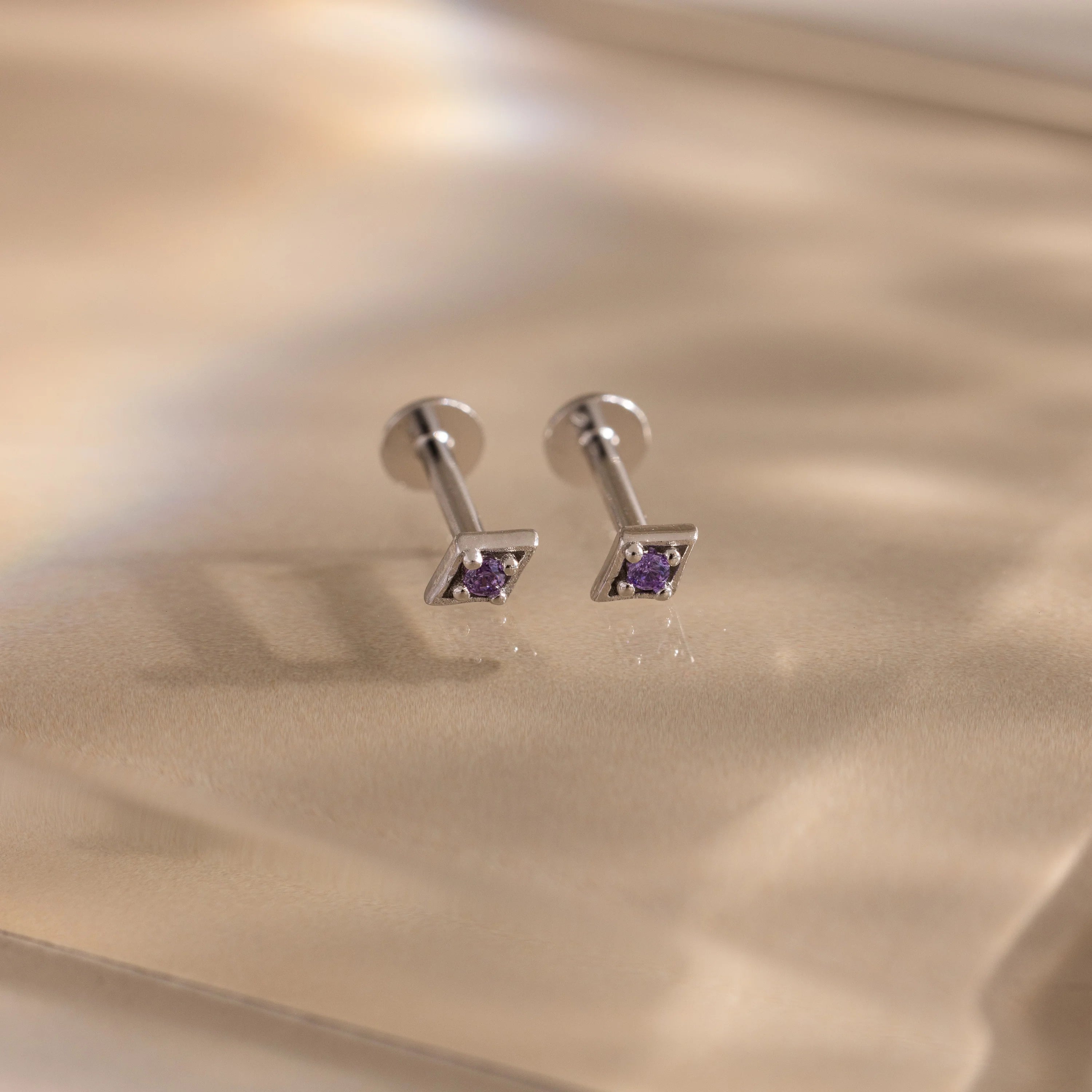 Geometric Amethyst Flat Back Studs Silver 18K Gold Plated