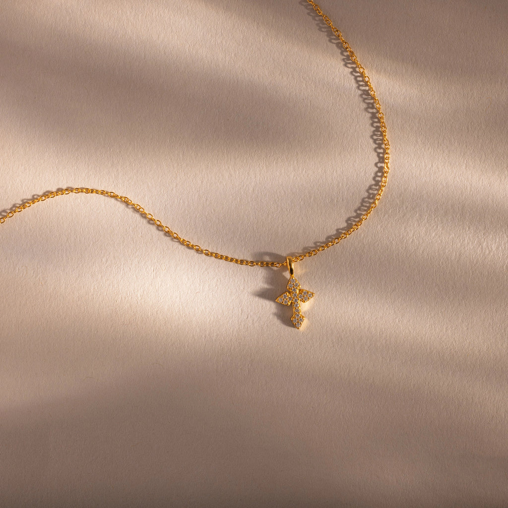 Diamond Cross Necklace Silver 18K Gold Plated