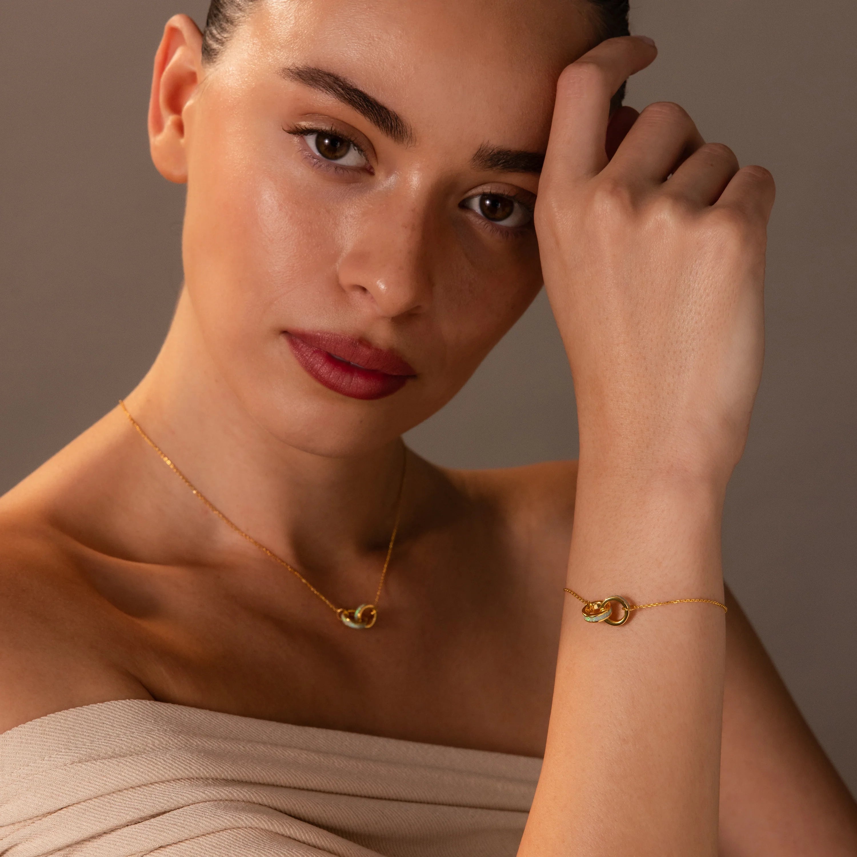 Opal Inlay Necklace and Bracelet Set Silver 18K Gold Plated