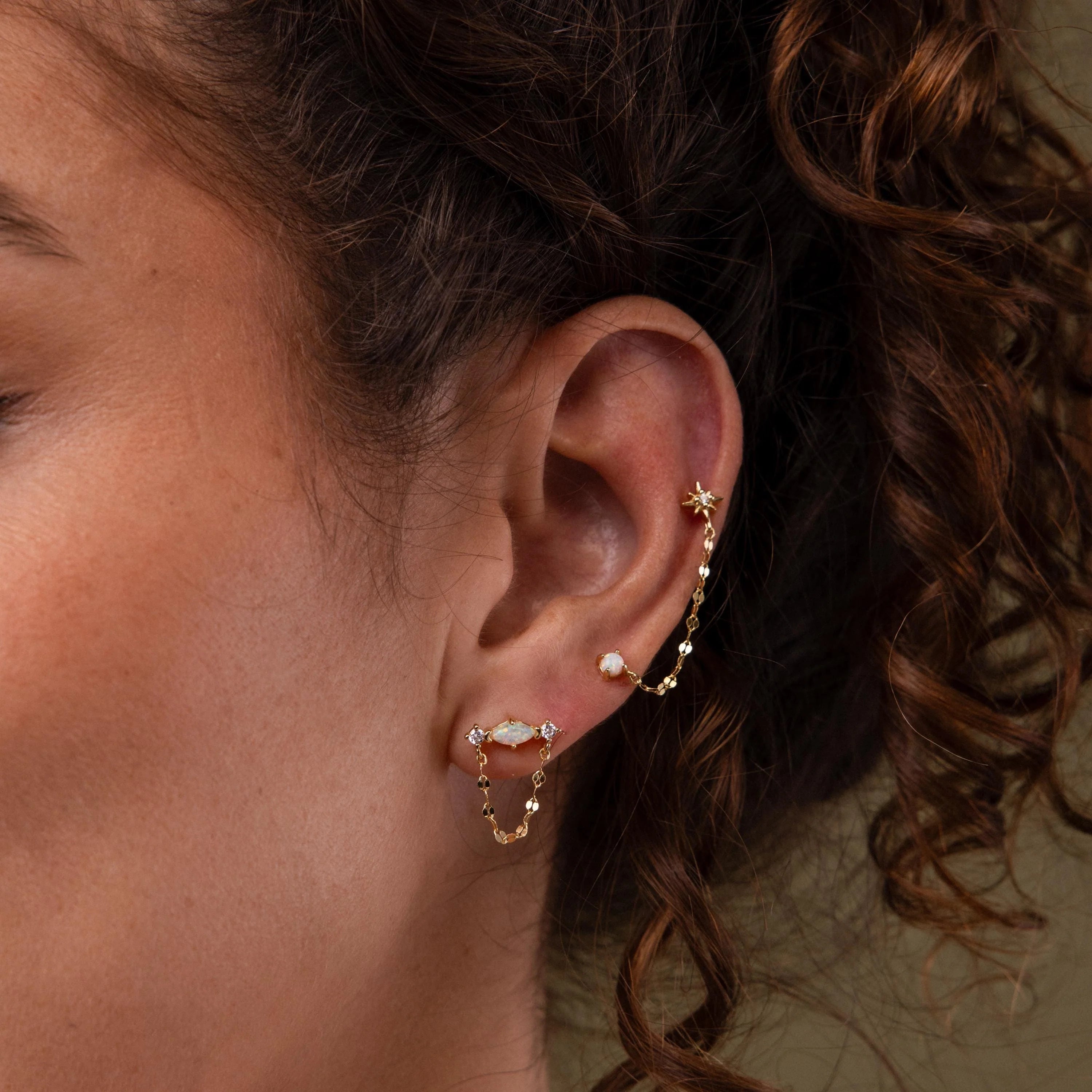 Opal & Diamond Chain Studs Silver 18K Gold Plated