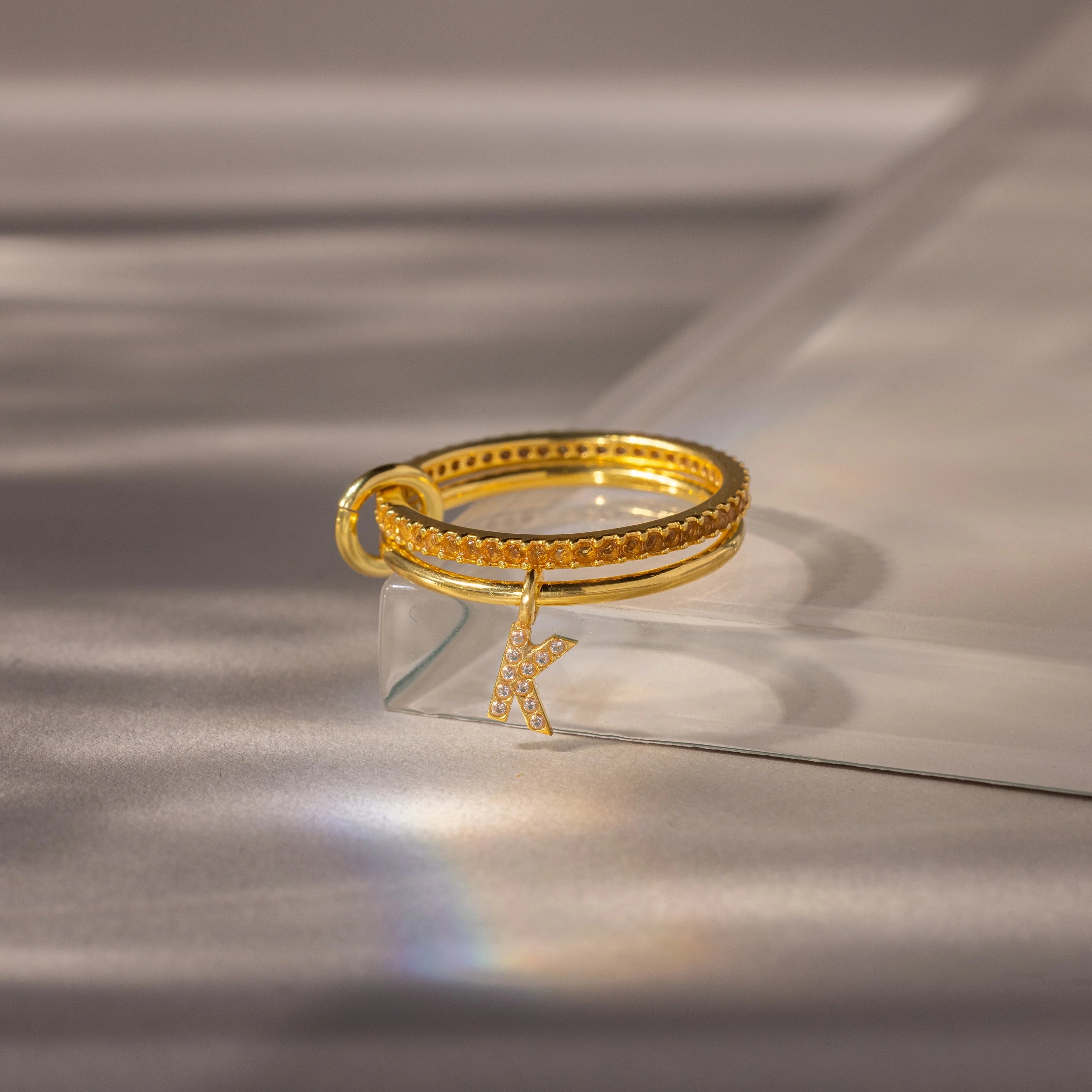 Initial Topaz Linked Ring Set Silver 18K Gold Plated