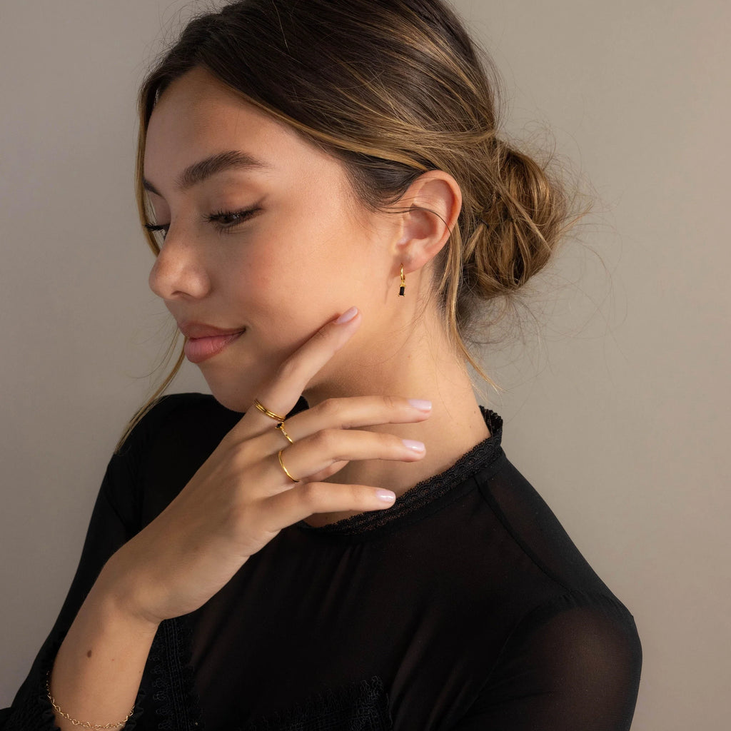 Onyx Baguette Drop Huggies Silver 18K Gold Plated