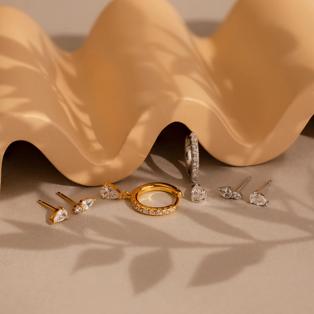Diamond Drop Earrings Set Silver 18K Gold Plated