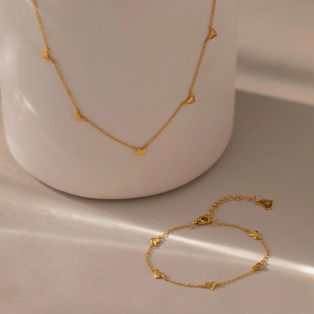 Heart Station Necklace & Bracelet Set Silver 18K Gold Plated
