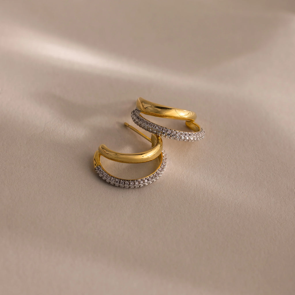 Diamond Mixed Metal Duo Pave Hoops Silver 18K Gold Plated