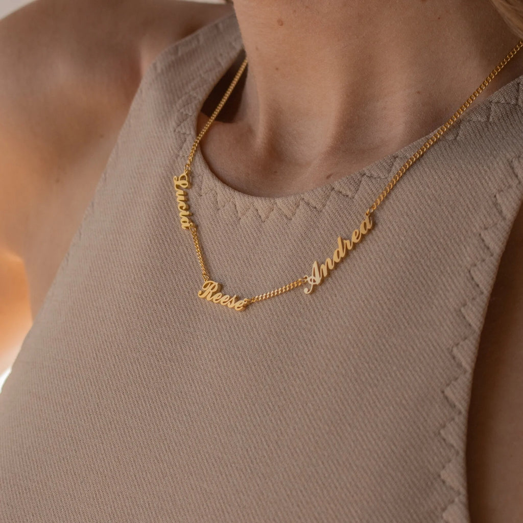 Carrie Multiple Name Curb Chain Necklace Silver 18K Gold Plated