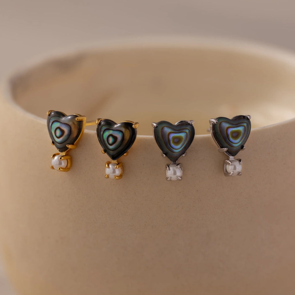 Abalone Pearl Heart Studs Silver 18K Gold Plated