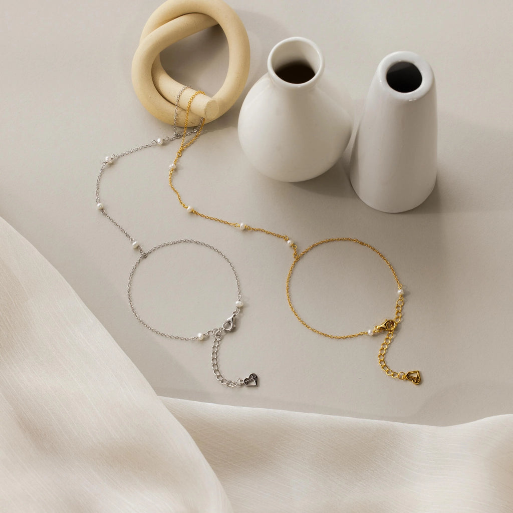 Pearl Hand Chain Bracelet Silver 18K Gold Plated