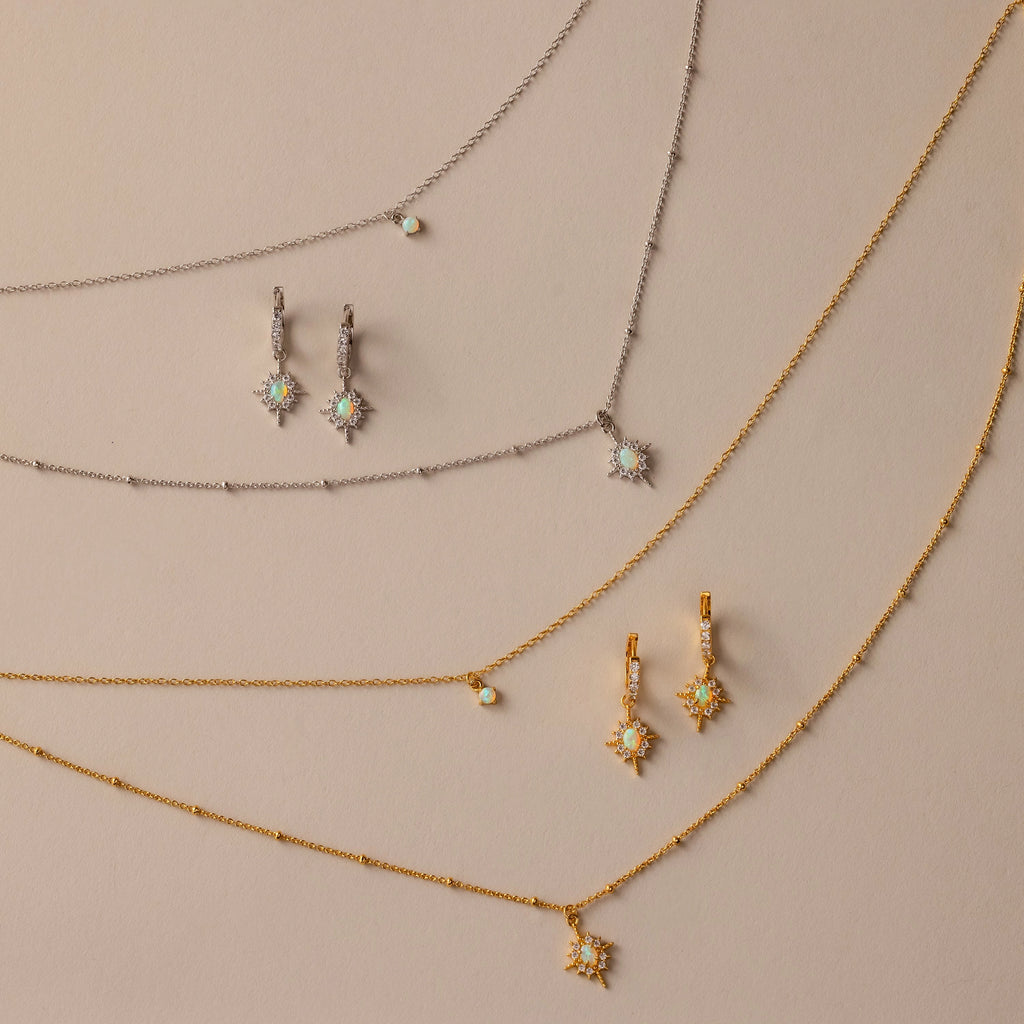 Opal Star Charm Necklace & Earrings Set Silver 18K Gold Plated
