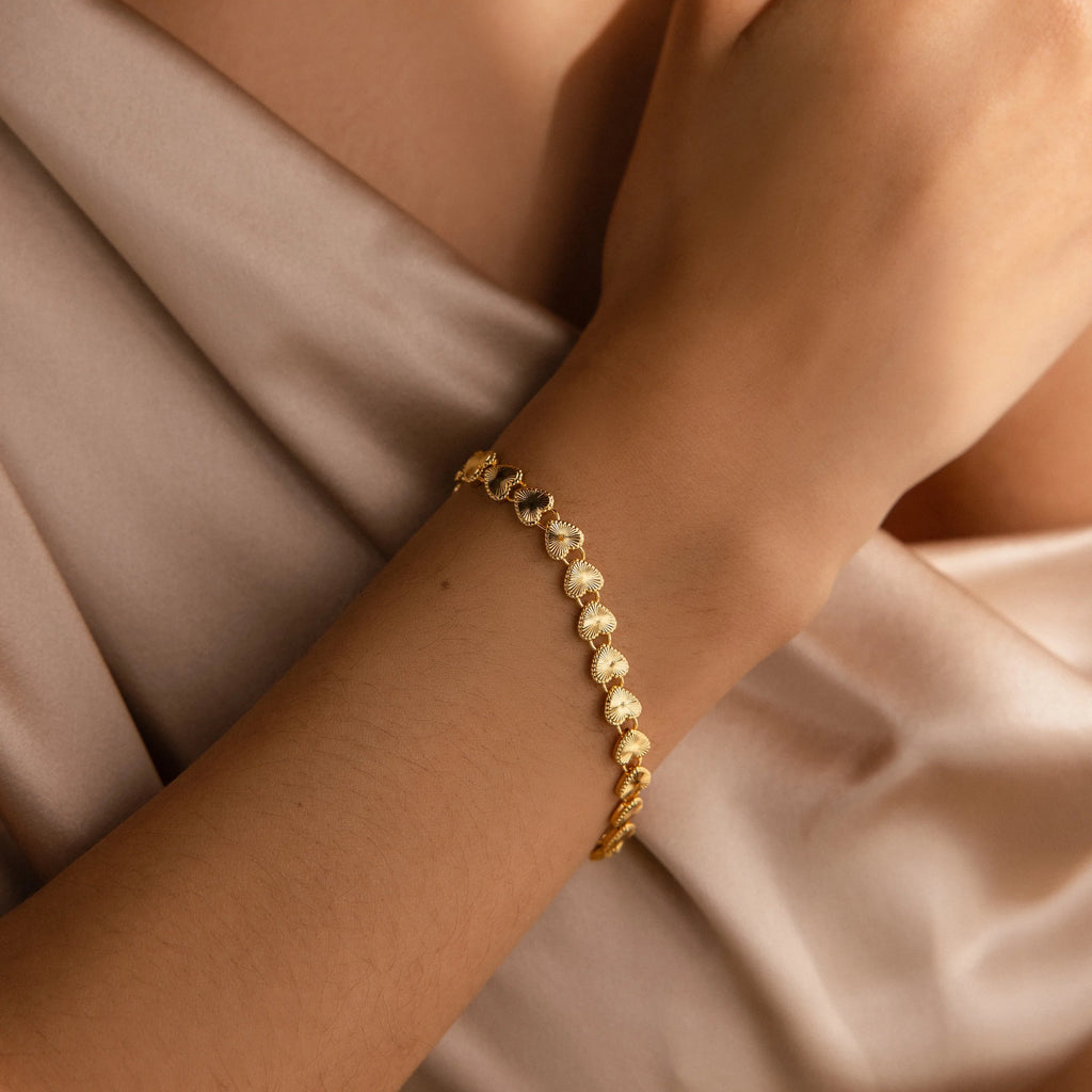 Ribbed Heart Link Bracelet Silver 18K Gold Plated